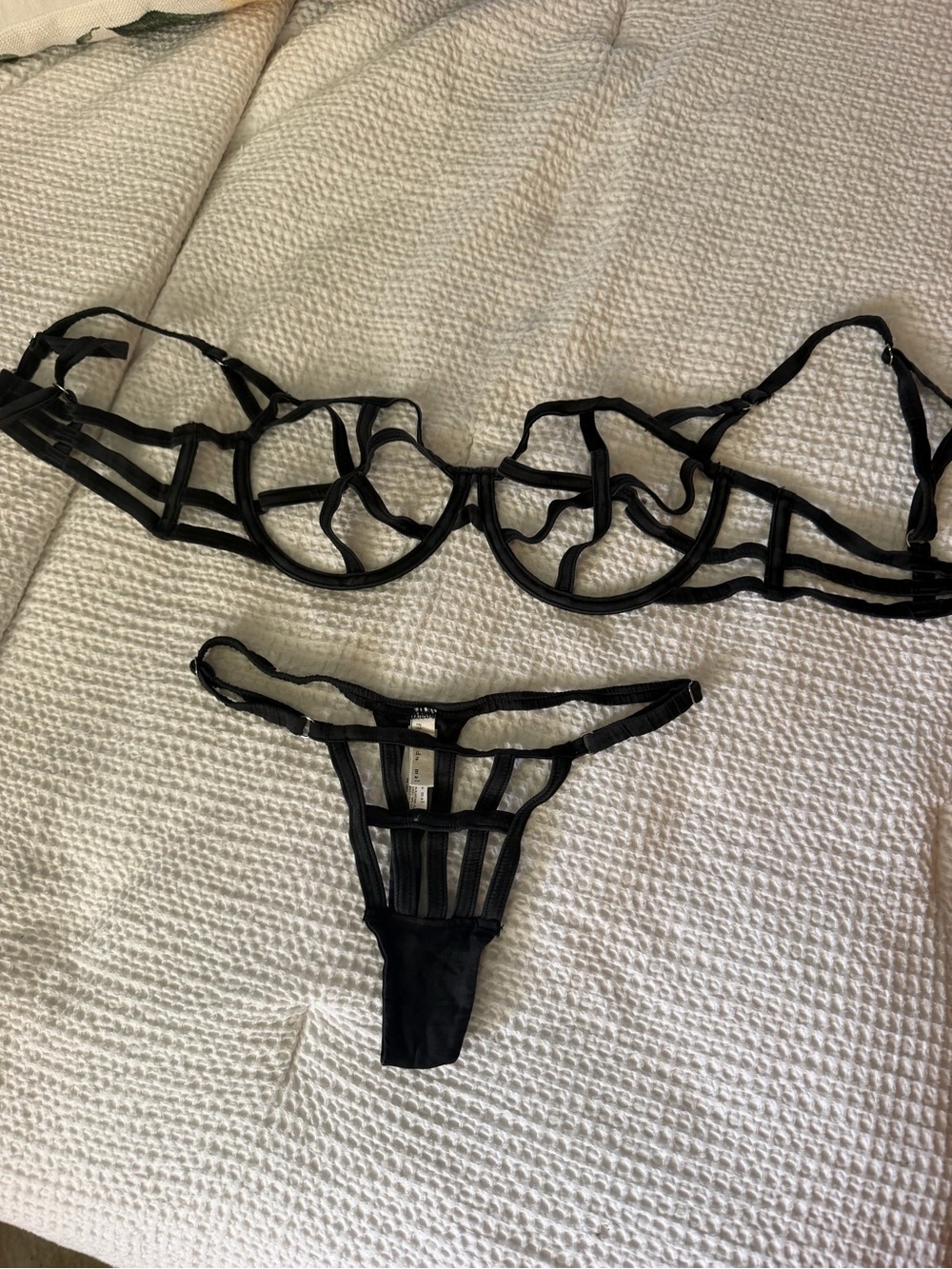 Fleur du Mal Black Strappy Sheer Underwire Bra & Thong Set